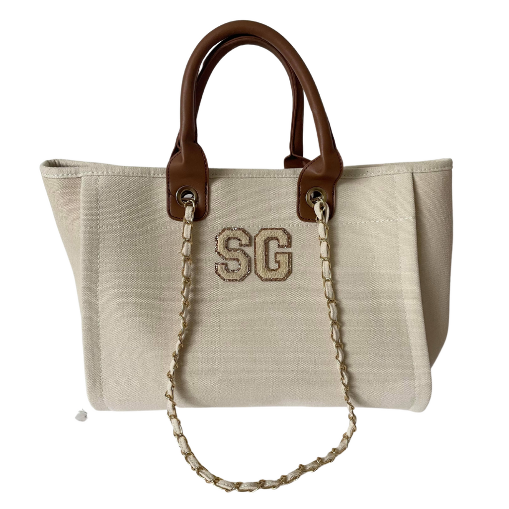 Personalised Monogram Tote Bag Canvas Customised Beige Brown White Chain  Handbag Personalized Stripe Initials
