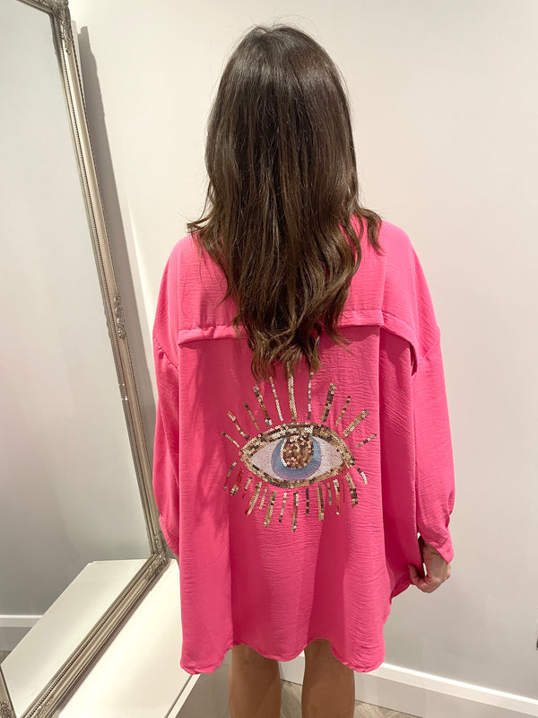 Evil Eye Sequin shirt - Bubblegum pink