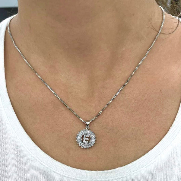 Mini Circle Initial Crystal Necklace - Silver