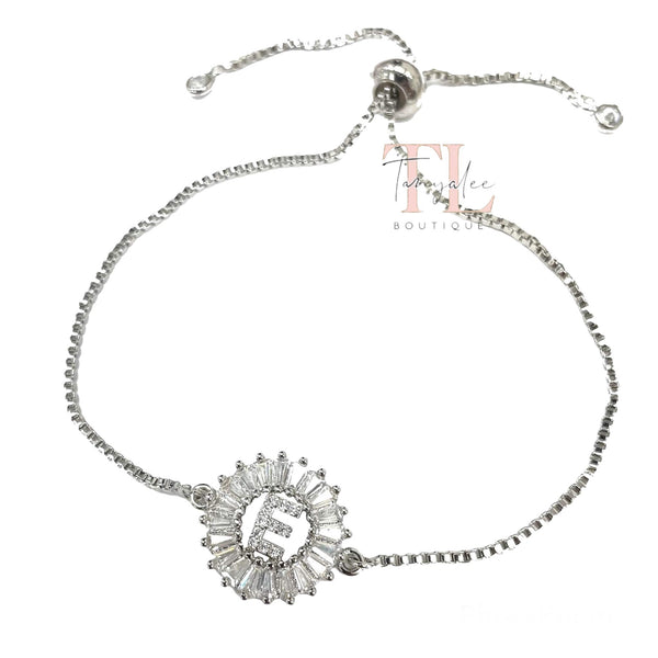 Mini Circle Initial Crystal Bracelet - Silver