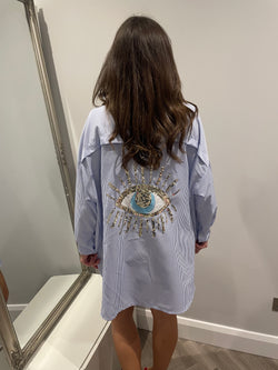 Pinstripe Evil Eye Sequin shirt - blue