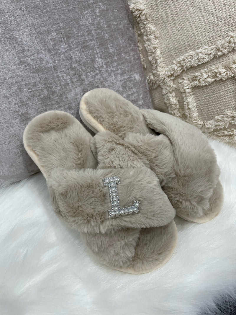 Personalised Taupe Fur Slippers - Pearl Crystal Initial