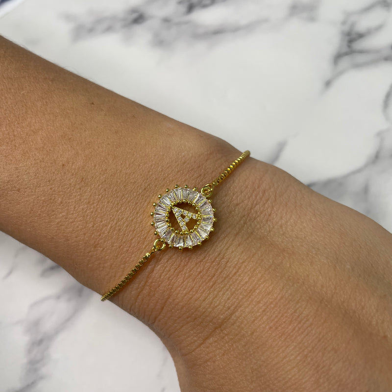 Mini Circle Initial Crystal Bracelet - Gold