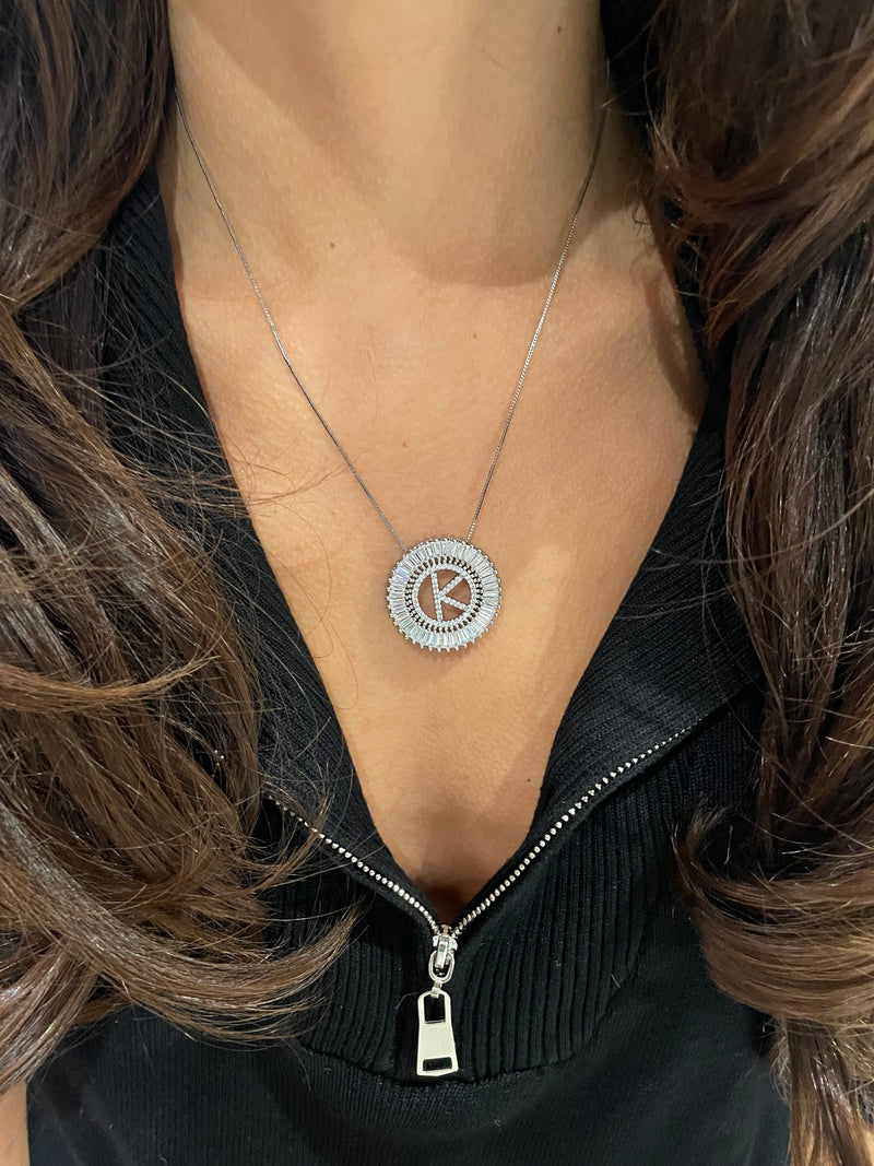 Circle Initial Crystal Necklace - Silver
