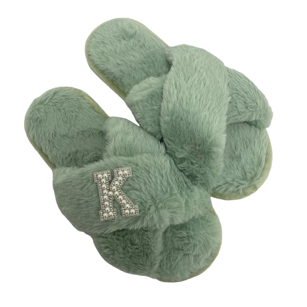 Personalised Green Fur Slippers - Pearl Crystal Initial