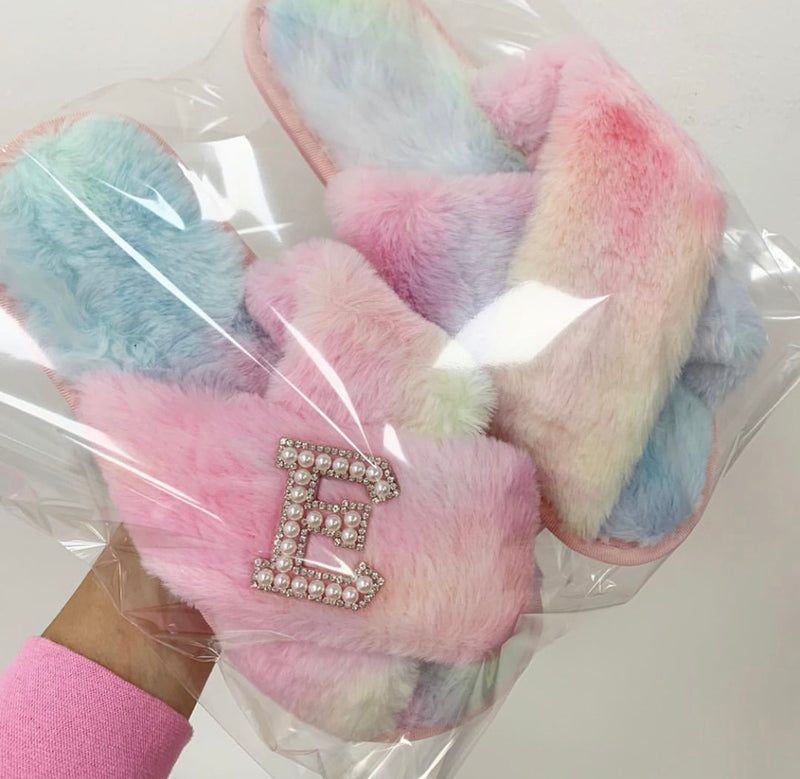 Personalised Rainbow Fur Slippers - Pearl Crystal Initial