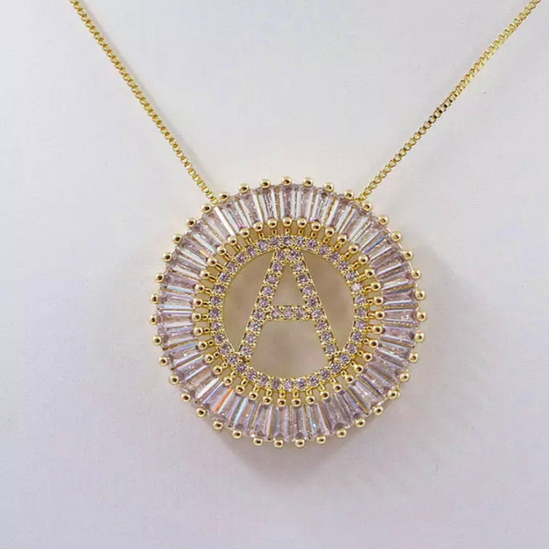 Circle Initial Crystal Necklace - Gold