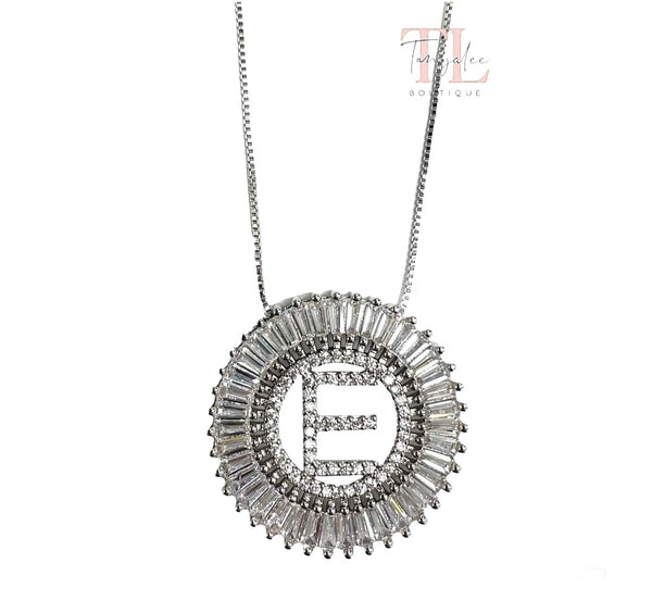 Circle Initial Crystal Necklace - Silver