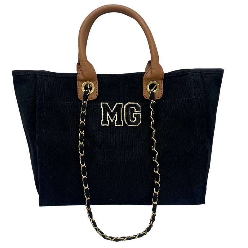 TLB Gold Tote Chain Bag Black Patch Letters